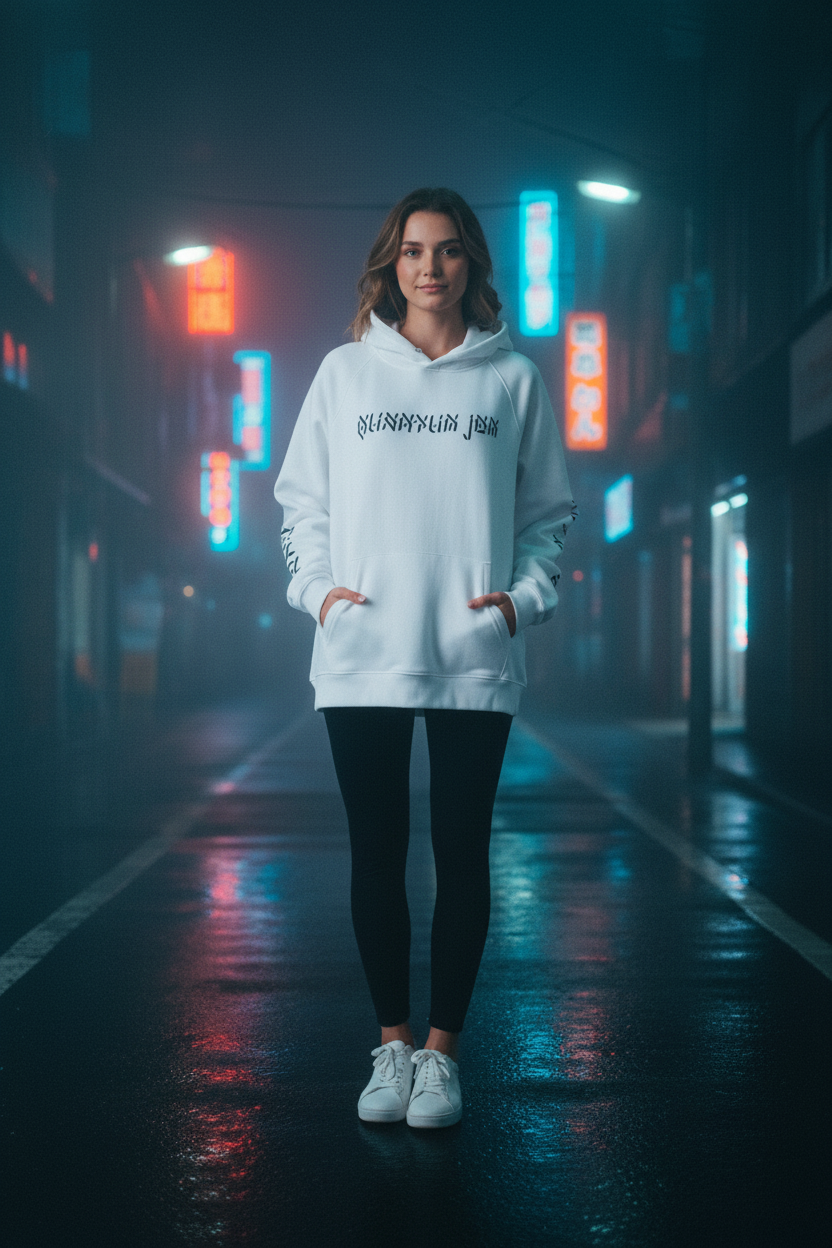 A white hoodie with black text and dragon design on the back.